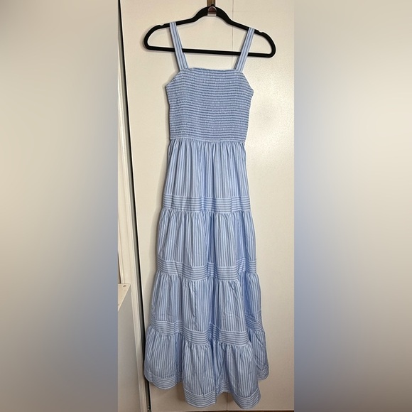 Commense Pinstripe Shirred Backless Long Cami Dress Smocked Blue White NWT Small - Picture 4 of 12